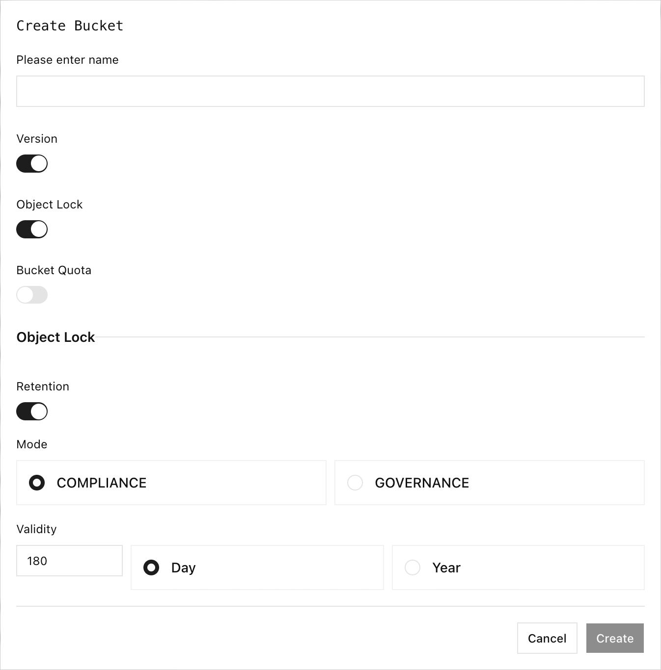 Dialog Bucket erstellen mit aktivierter Versionierung, Object Lock und Standardaufbewahrung