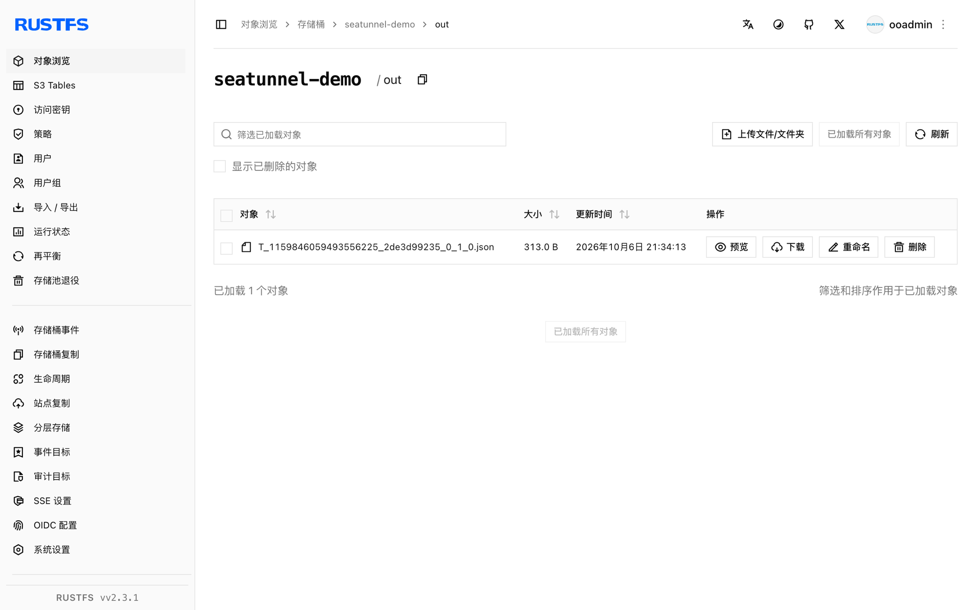 存储在 RustFS 控制台中的 SeaTunnel 输出文件