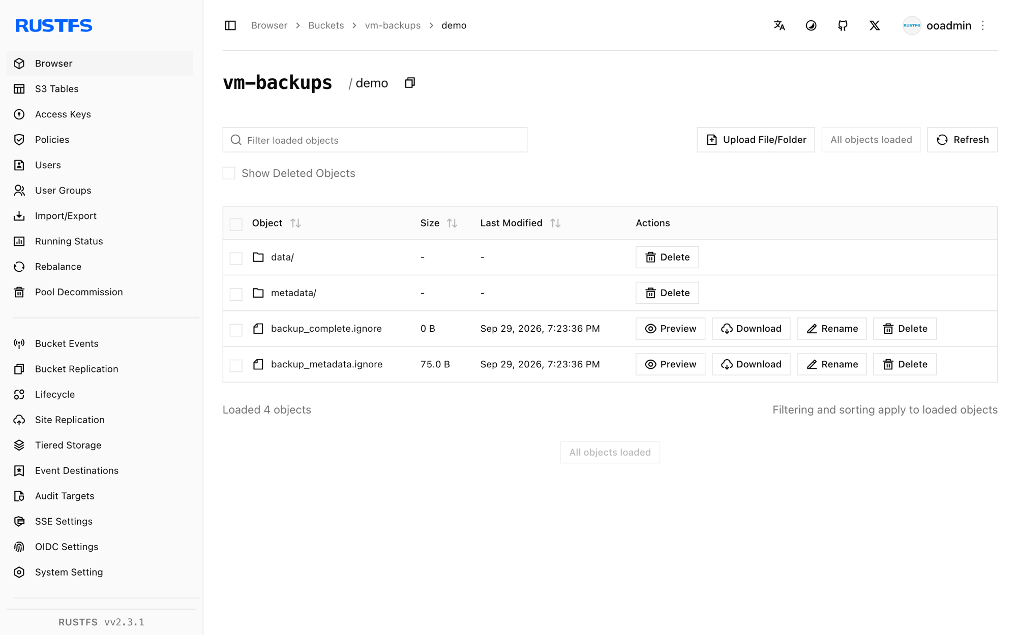 In der RustFS Console gespeichertes VictoriaMetrics-Backup